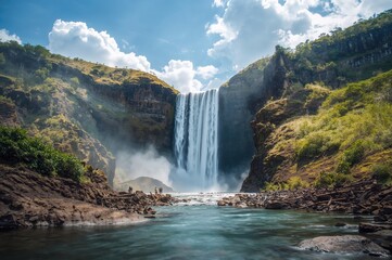 Fototapeta premium The Pine Tree Waterfall in a Deep Gorge