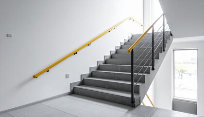 Modern staircase with concrete steps, black railings, and yellow handrails in sunlit architectural space.