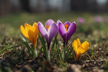 Springtime Crocus Blossoms and Vibrant Nature Awakening, Stunning Purple and Yellow Flowers Flourish Outdoors in Woodlands or Parks