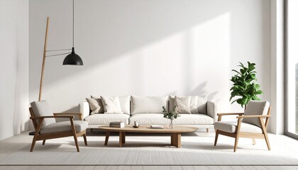 Minimalist living room with neutral tones, light gray sofa, wood accents, and natural light.
