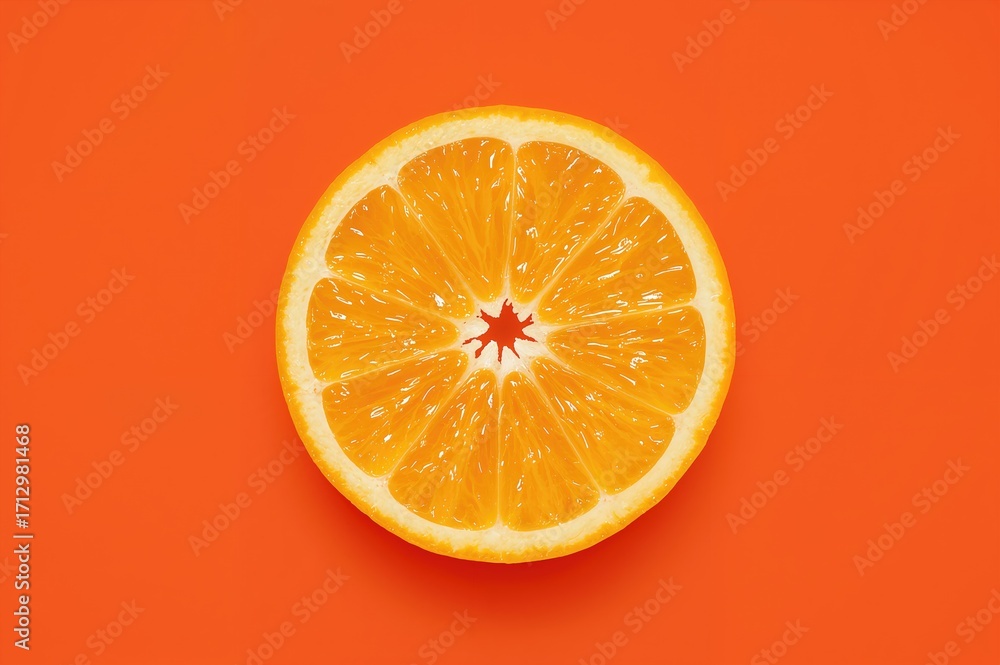 Poster overhead shot of a single orange segment against a vivid red backdrop with rich citrus details