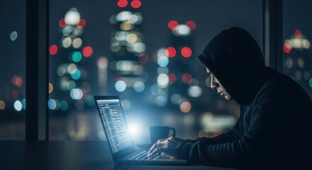 Man in hoodie using laptop with city lights in background working late at night on computer screen code