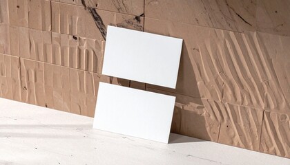 Minimalist branding mockup with blank business cards on textured sand, accented by dried florals.