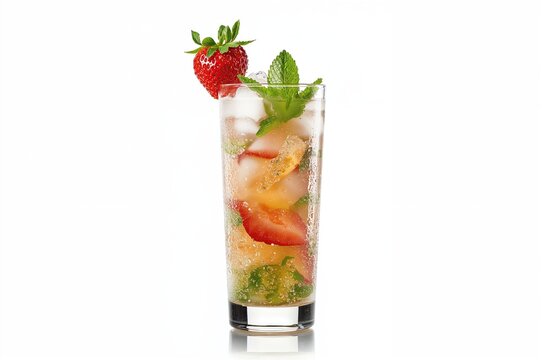 Isolated white background featuring a strawberry alcoholic mojito cocktail - Powered by Adobe