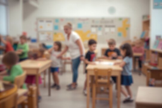 Indoor playground and classroom scene with preschoolers playing and learning, featuring a blurred vintage-style background for educational themes