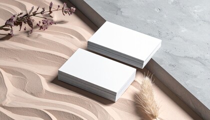 Minimalist branding mockup with blank business cards on textured sand, accented by dried florals.