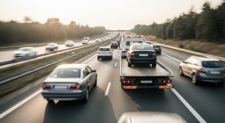 A view of a highway with cars and a tow truck carrying a car during the day with trees in the background