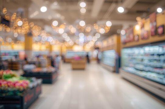 Bright lifestyle grocery store with blurred empty shopping center backdrop and festive bokeh effect.
