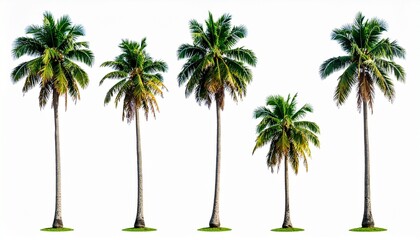 Row of five palm trees with green fronds on white background, symmetrical tropical composition.