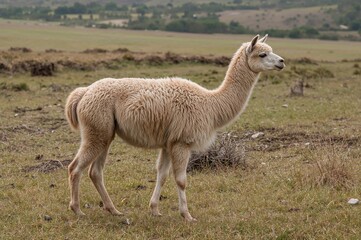 The llama (Lama glama) is a domesticated even-toed ungulate from the Camelidae family, commonly found in the high plateau regions of the Andes mountains.