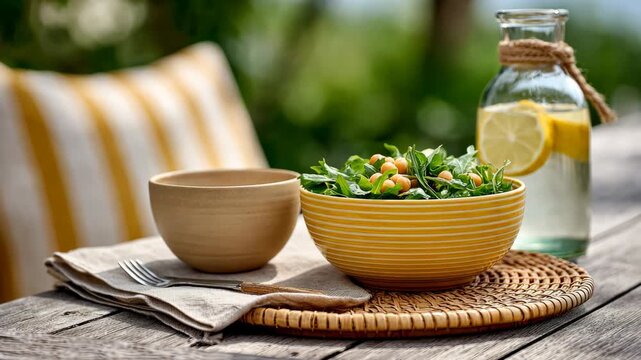 Fresh summer salad and lemonade in outdoor picnic setting with vibrant colors