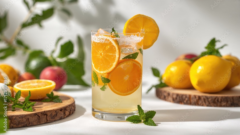 Poster refreshing citrus lemonade with ice cubes and fresh mint on a light backdrop