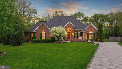 Obraz premium Brick Home in the Suburbs Featuring Rich Greenery and a Curved Entrance