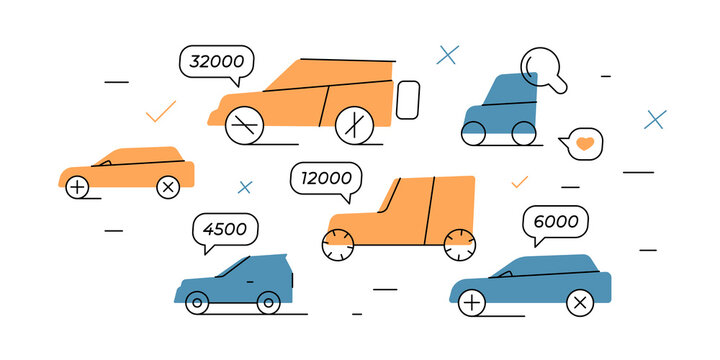 Line art vector illustration with cars, price bubble, check marks, crosses, and search icon. Concept of car market, buying, selling, automotive trade, choice, decision and transportation business.