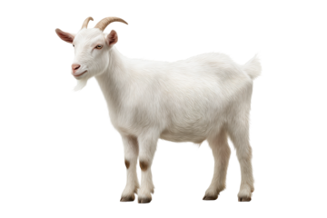 White goat with curved horns on black background, cut out