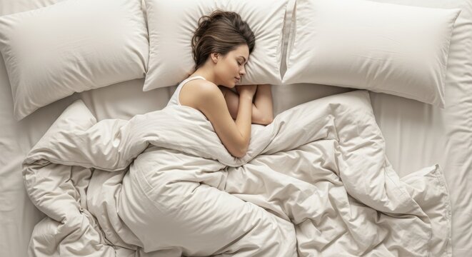 Aerial view of a woman sleeping peacefully in white bed with pillows and duvet cover in the bedroom