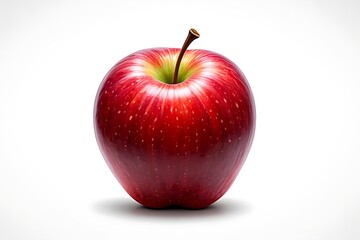 Single ripe red apple with stem on white background