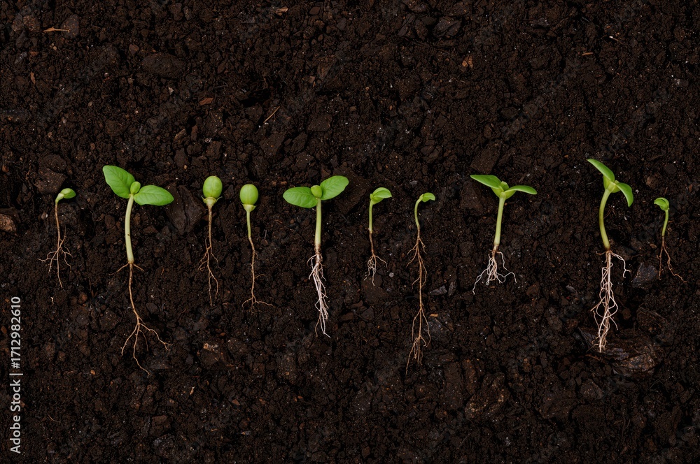 Poster seed sprouting within soil cross-section, isolated on background