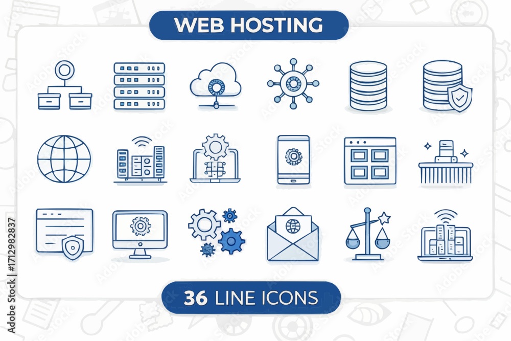 Poster illustration of web hosting icons including servers cloud databases and network connections in blue 
