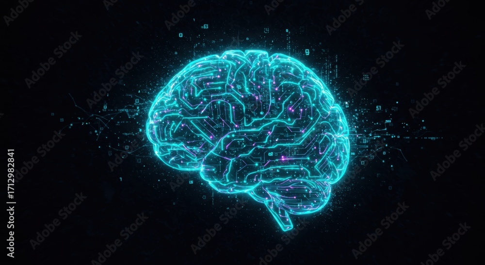 Poster illuminated futuristic digital brain network glowing with cyan light against a dark background symbo