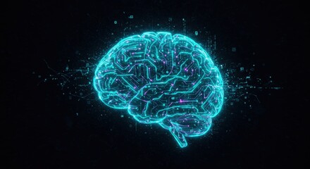 Illuminated futuristic digital brain network glowing with cyan light against a dark background symbolizing artificial intelligence and advanced technology