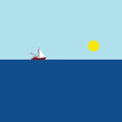 A red sailboat on a calm blue sea under a yellow sun.