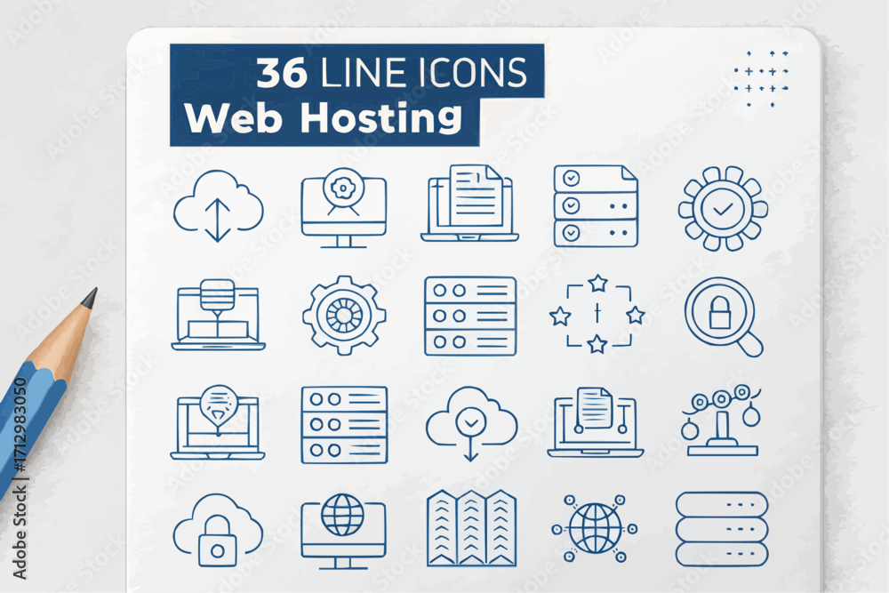 Poster illustration of web hosting icons on a white surface with a pencil on the side showing line icons