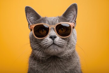 Cute Chartreux cat wearing summer sunglasses in a studio shot