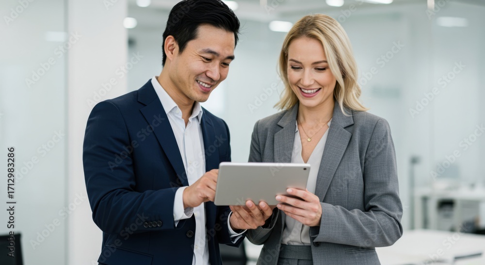Aufkleber two smiling professionals a man and a woman collaborate while looking at a tablet device in a modern