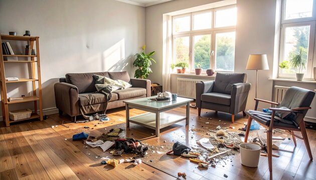 A messy living room with furniture, debris, and sunlight streaming through the window.
