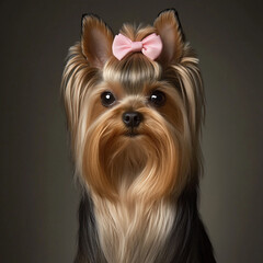 Naklejka premium Yorkshire Terrier dog with pink bow looking at the camera indoors 