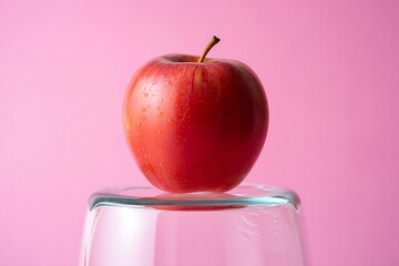 Red apple balanced on a clear glass against a pink background
