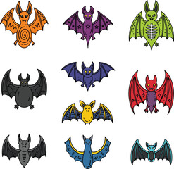 PrintColorful Halloween Bat Icon Pack: Set of 9 Different Flying Bat Illustrations with Unique Designs on a White Background