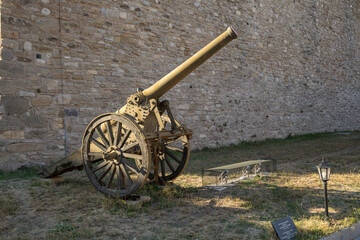 Historic artillery cannon on display at Çimenlik Castle outdoor military museum in Çanakkale, Turkey