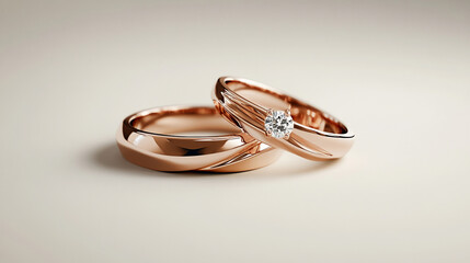A close up of two rose gold wedding rings one with a diamond on a cream colored background space for text