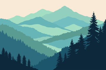 Serene Mountain Landscape with Layered Blue Ranges and Soft Pastel Sky