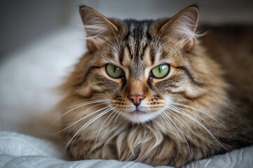 Green-eyed tabby cat with a pink nose lying on a white blanket