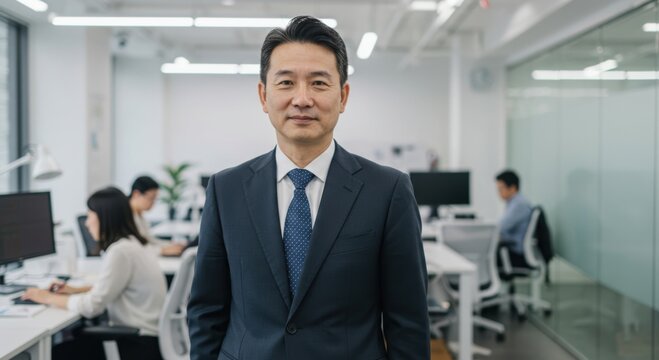 Confident asian businessman in a sharp suit stands in a modern well lit office environment with colleagues working in the background
