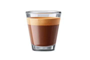 Espresso shot in clear glass with rich crema on black background, cut out