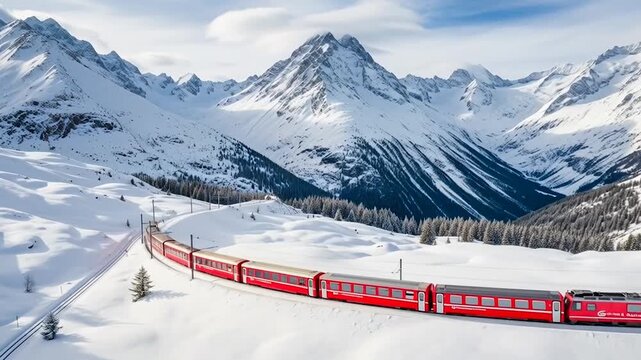 Drone Aerial shot red train winding along snowy alpine tracks, panoramic view