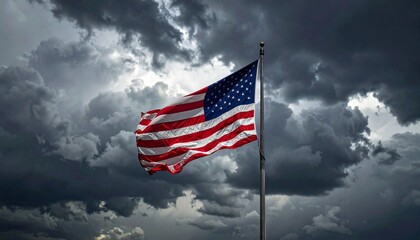An American flag billowing in a stormy sky.