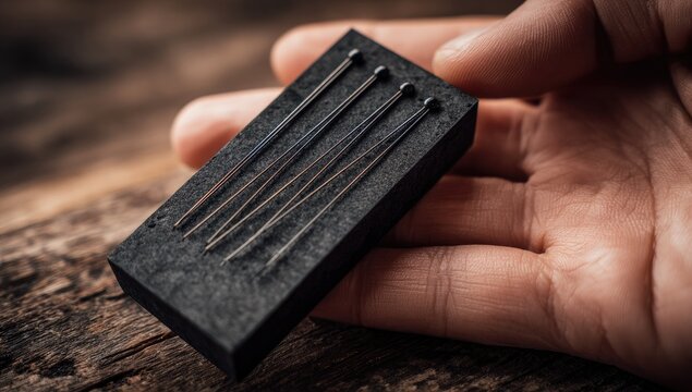 Close-up of hand holding a dark gray, rectangular block with several thin metal pins