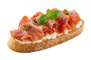 Sliced toasted bread topped with creamy cheese and cured ham on a white backdrop