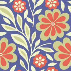 Charming retro floral pattern with orange flowers and cream leaves on purple.A seamless repeating pattern.