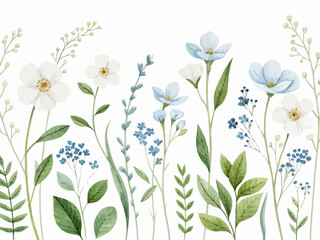 Watercolor illustration of white and blue flowers with green leaves on a white background image art