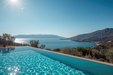 Fototapeta premium Bright Morning by the Pool Overlooking a Peaceful Sea