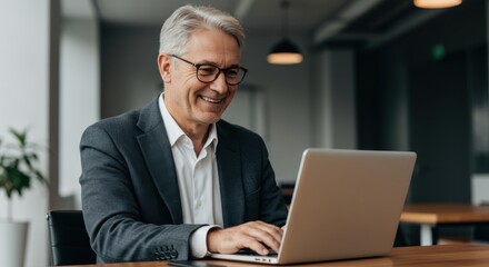 Smiling mature businessman with glasses actively working on a laptop computer in a modern office setting