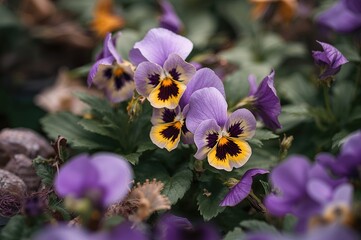Purple and Yellow Pansies Blooming in a Garden Nursery