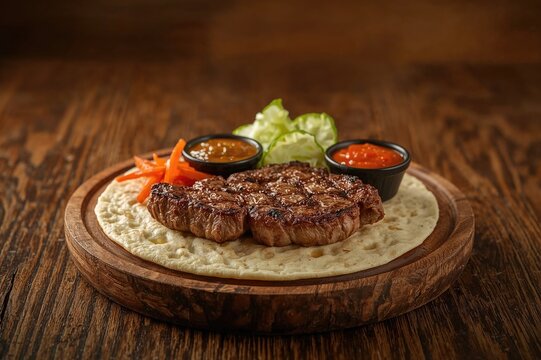 Grilled beef served on flatbread accompanied by sauces on a platter