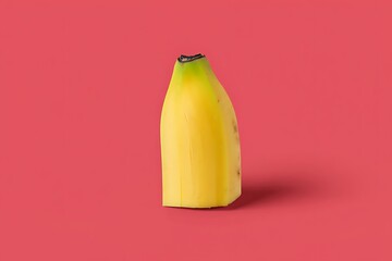 A single yellow banana standing upright against a pink background